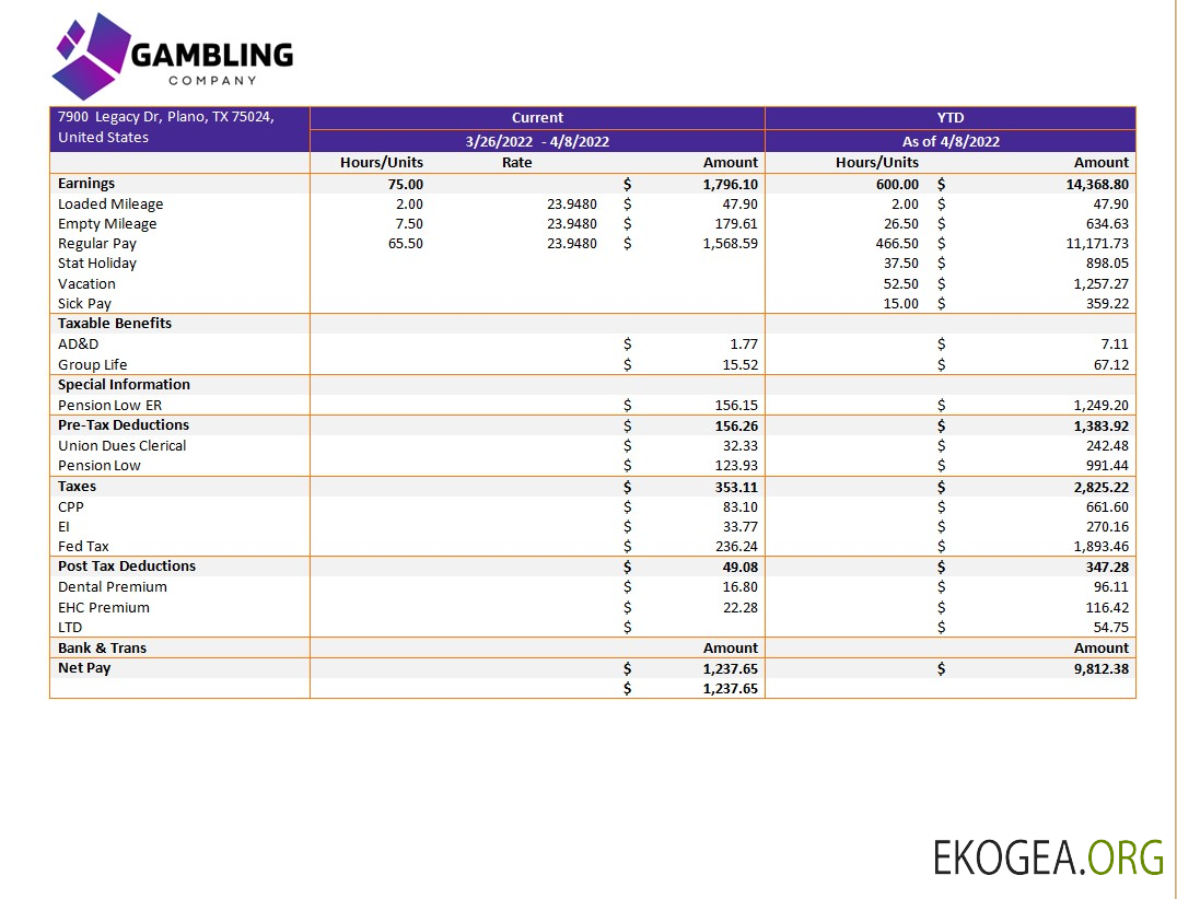 modèle de bulletin de paie d'une société de jeux de hasard aux formats Word et PDF
